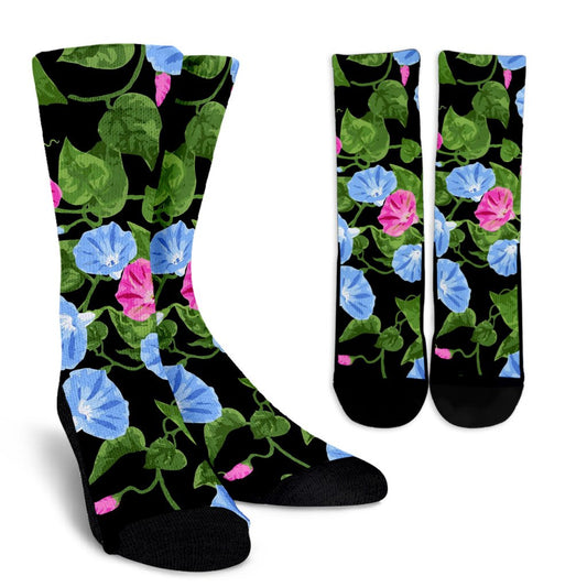 Morning Glory Pattern Print Design MG04 Crew Socks-JORJUNE.COM