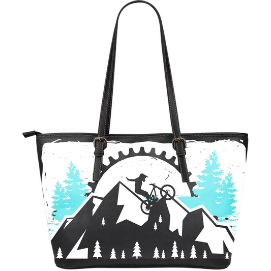Mountain Bike Design Large Leather Tote Bag