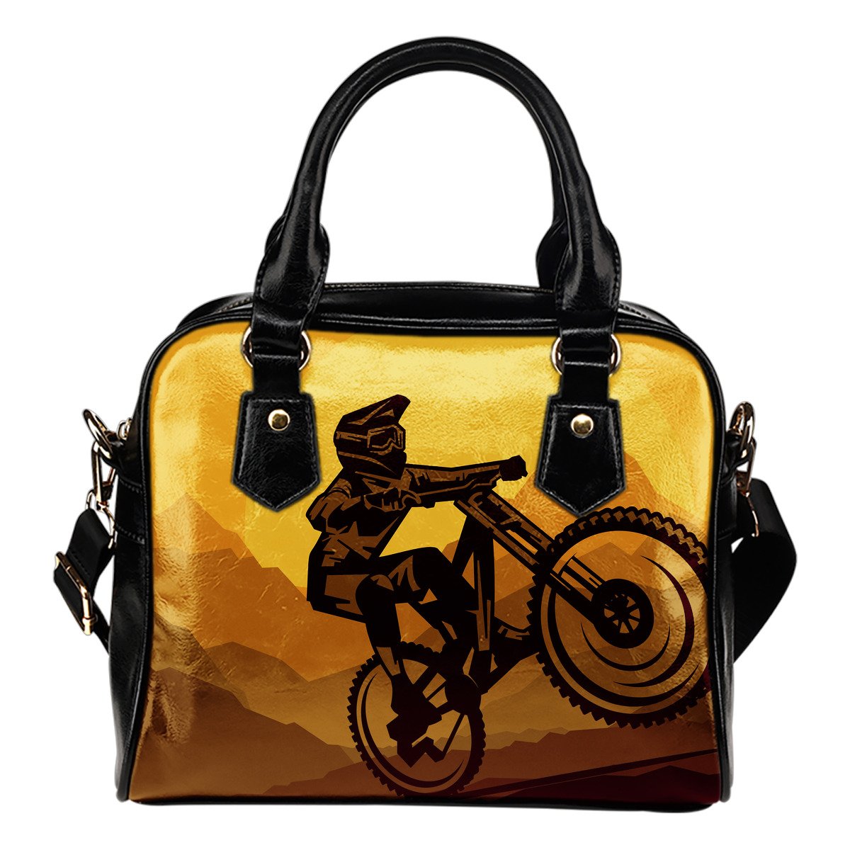 Mountain Bike Print Leather Shoulder Handbag