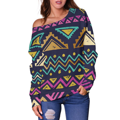Multicolor Tribal Aztec Off Shoulder Sweatshirt