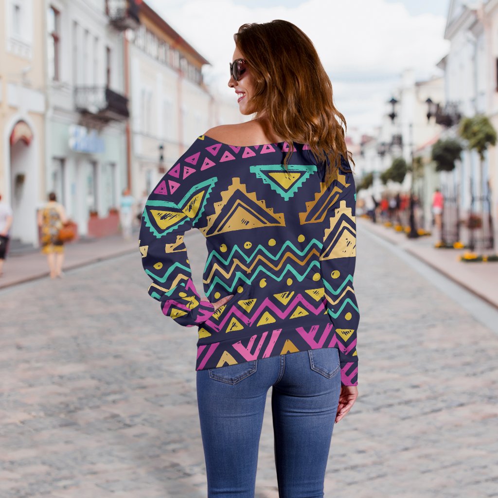 Multicolor Tribal Aztec Off Shoulder Sweatshirt