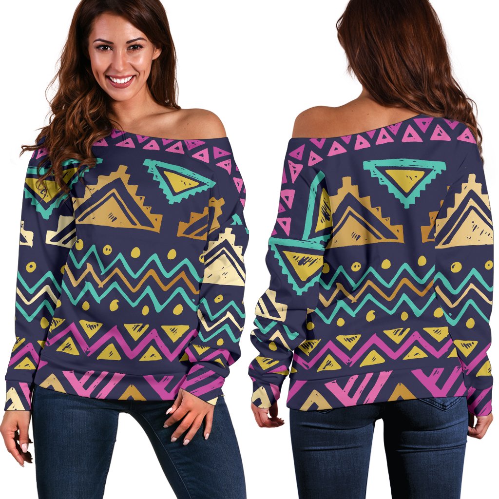 Multicolor Tribal Aztec Off Shoulder Sweatshirt
