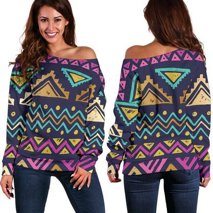 Multicolor Tribal Aztec Off Shoulder Sweatshirt