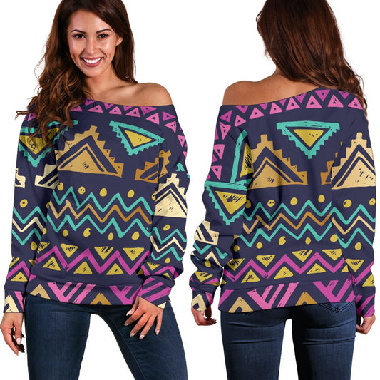 Multicolor Tribal Aztec Off Shoulder Sweatshirt