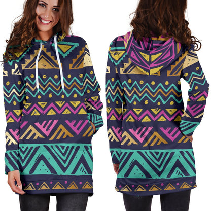 Multicolor Tribal Aztec Women Hoodie Dress