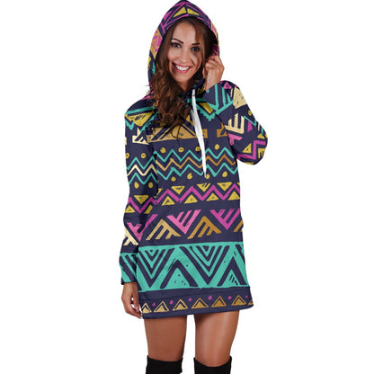 Multicolor Tribal Aztec Women Hoodie Dress