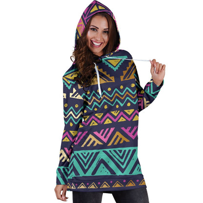 Multicolor Tribal Aztec Women Hoodie Dress