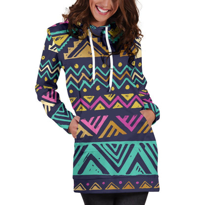 Multicolor Tribal Aztec Women Hoodie Dress