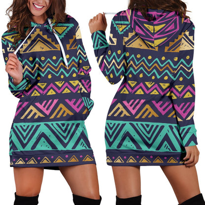 Multicolor Tribal Aztec Women Hoodie Dress