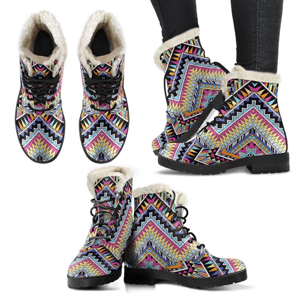 Multicolor zigzag Tribal Aztec Faux Fur Leather Boots