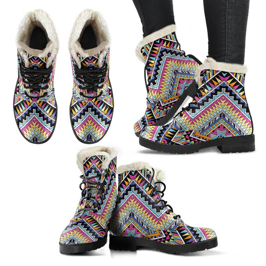 Multicolor zigzag Tribal Aztec Faux Fur Leather Boots