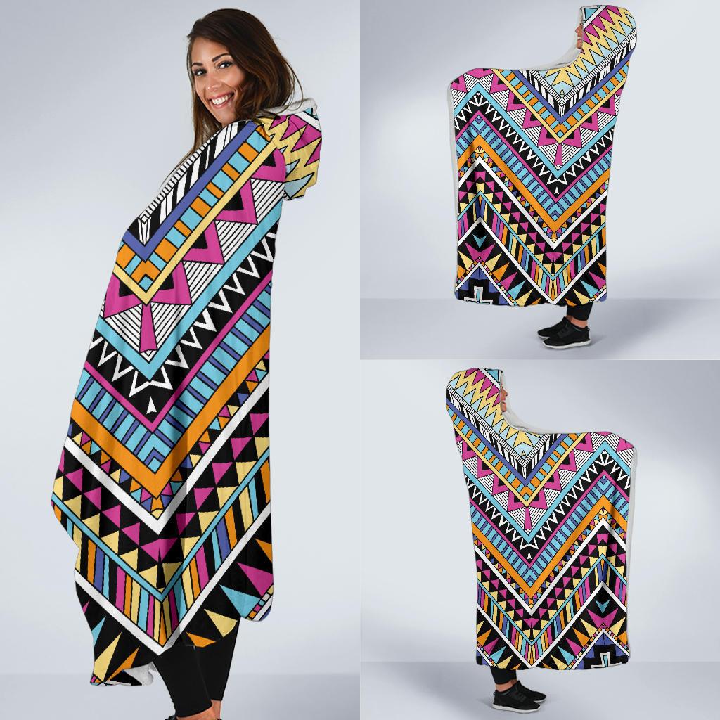 Multicolor zigzag Tribal Aztec Hooded Blanket-JORJUNE.COM