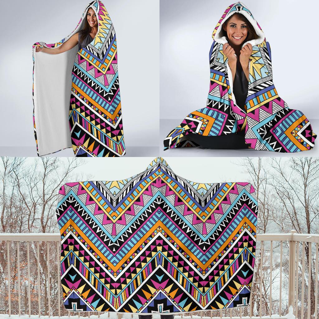 Multicolor zigzag Tribal Aztec Hooded Blanket-JORJUNE.COM
