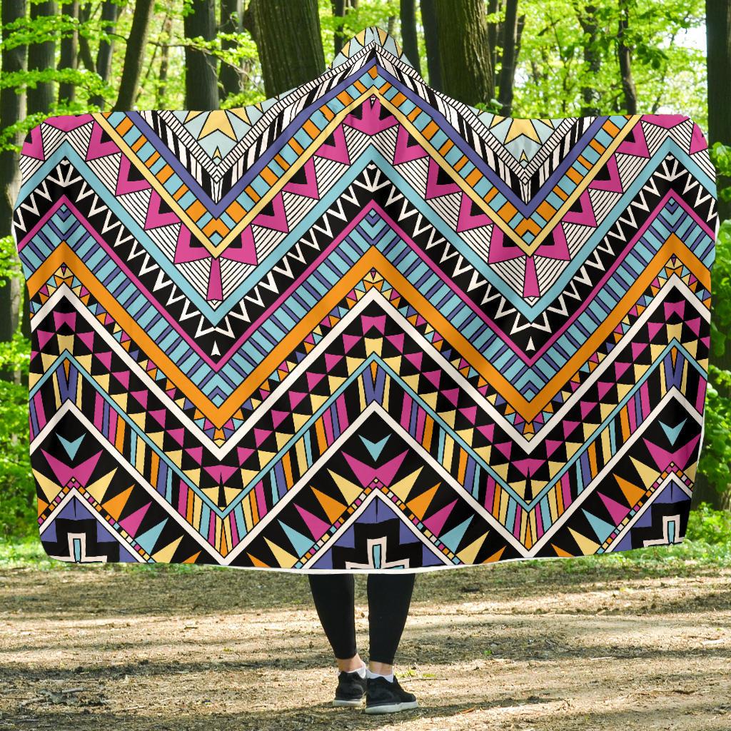 Multicolor zigzag Tribal Aztec Hooded Blanket-JORJUNE.COM