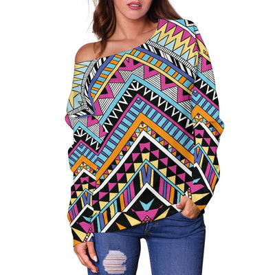 Multicolor Zigzag Tribal Aztec Off Shoulder Sweatshirt