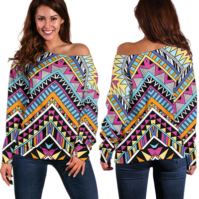 Multicolor Zigzag Tribal Aztec Off Shoulder Sweatshirt