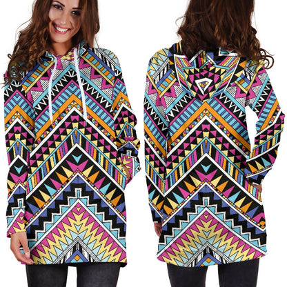 Multicolor Zigzag Tribal Aztec Women Hoodie Dress