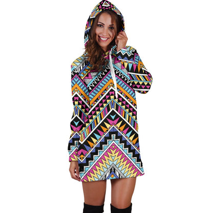 Multicolor Zigzag Tribal Aztec Women Hoodie Dress