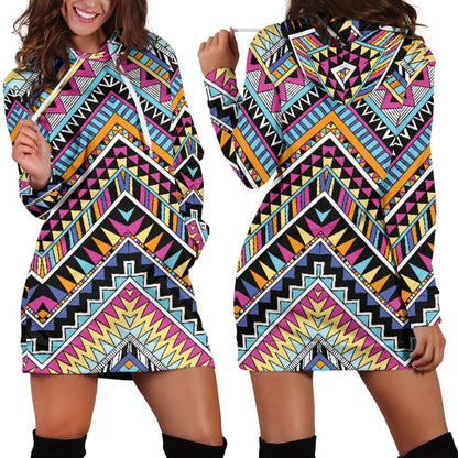 Multicolor Zigzag Tribal Aztec Women Hoodie Dress