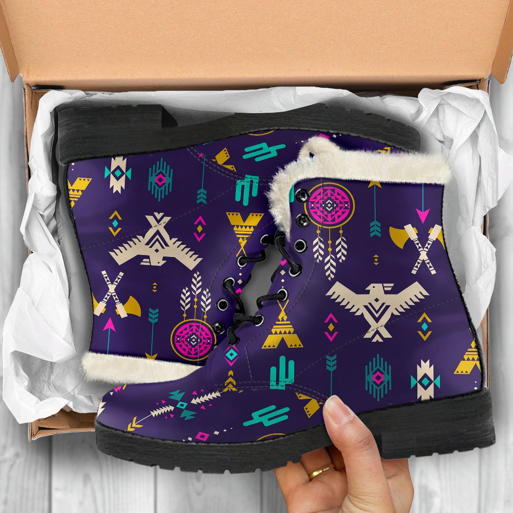 Native American Eagle Indian Pattern Faux Fur Leather Boots