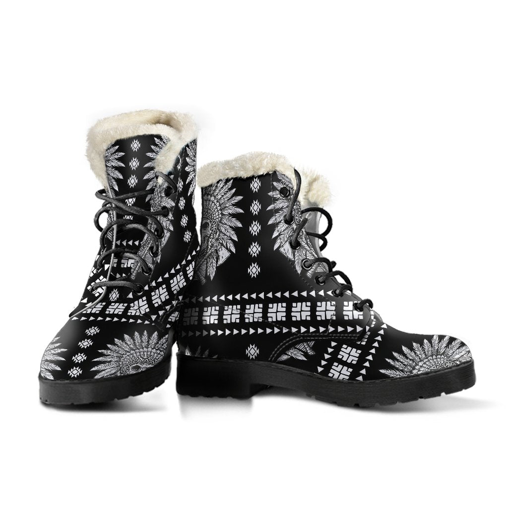 Native American Indian Skull Faux Fur Leather Boots