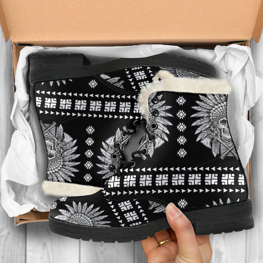 Native American Indian Skull Faux Fur Leather Boots
