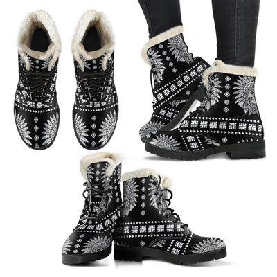 Native American Indian Skull Faux Fur Leather Boots