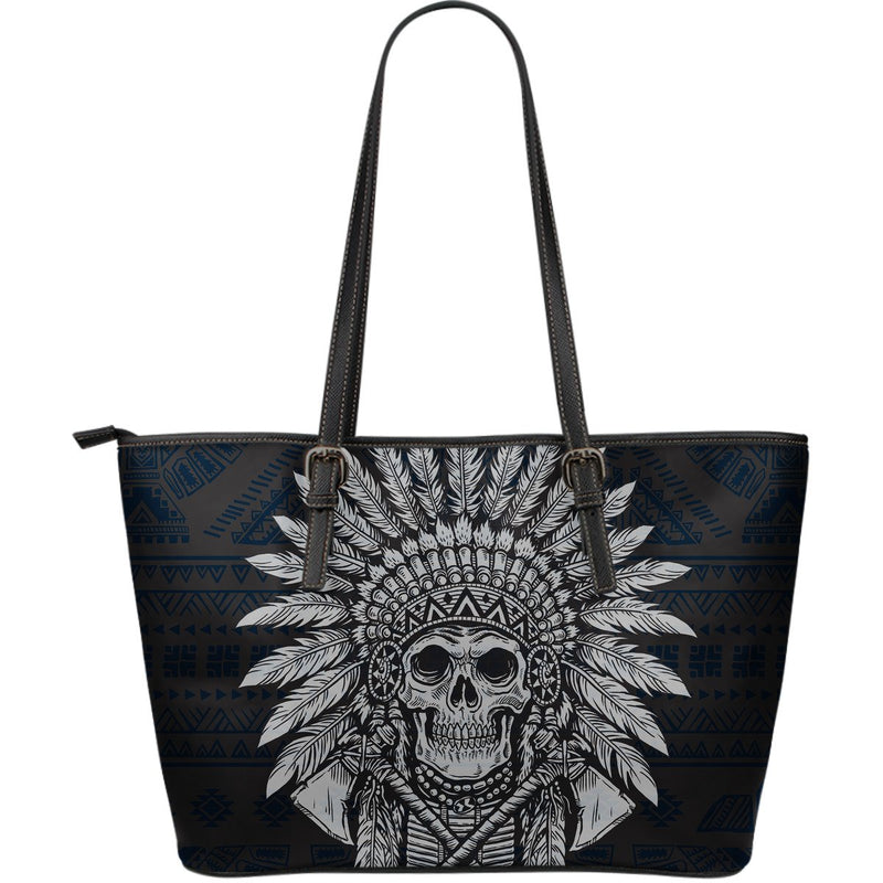 Native American Indian Skull Large Leather Tote Bag