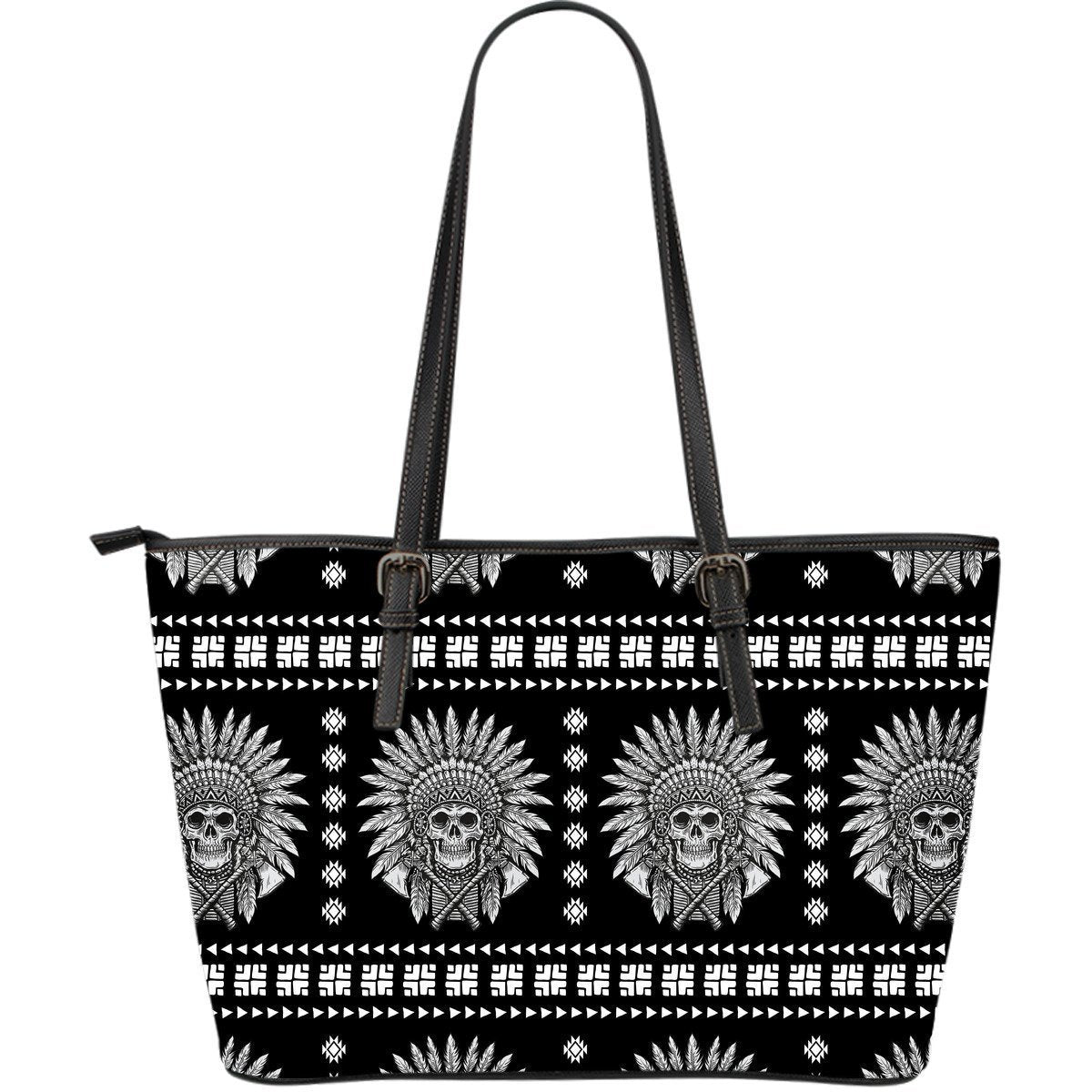 Native American Indian Skull Large Leather Tote Bag