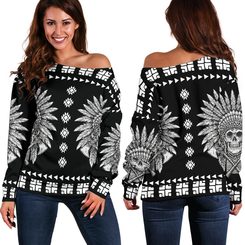 Native American Indian Skull Off Shoulder Sweatshirt