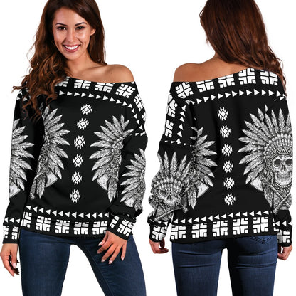 Native American Indian Skull Off Shoulder Sweatshirt