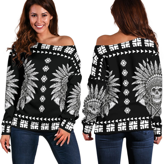 Native American Indian Skull Off Shoulder Sweatshirt