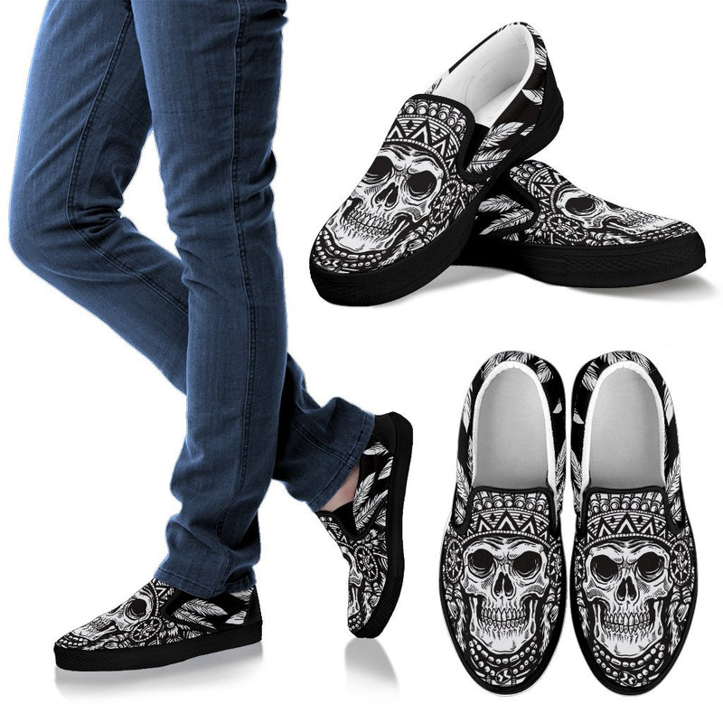 Native American Indian Skull Women Canvas Slip On Shoes