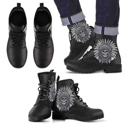 Native American Indian Skull Women & Men Leather Boots
