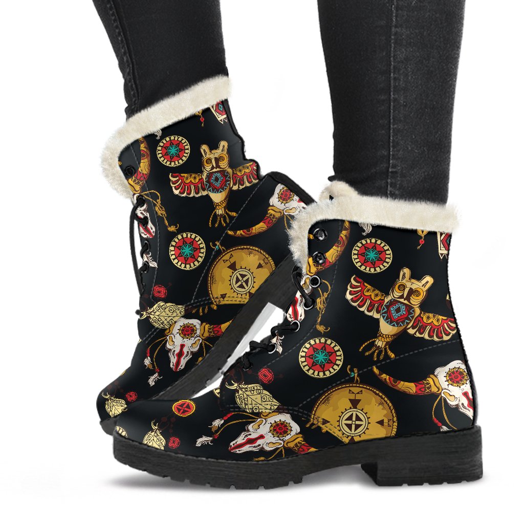 Native American Symbol Pattern Faux Fur Leather Boots