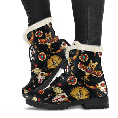 Native American Symbol Pattern Faux Fur Leather Boots