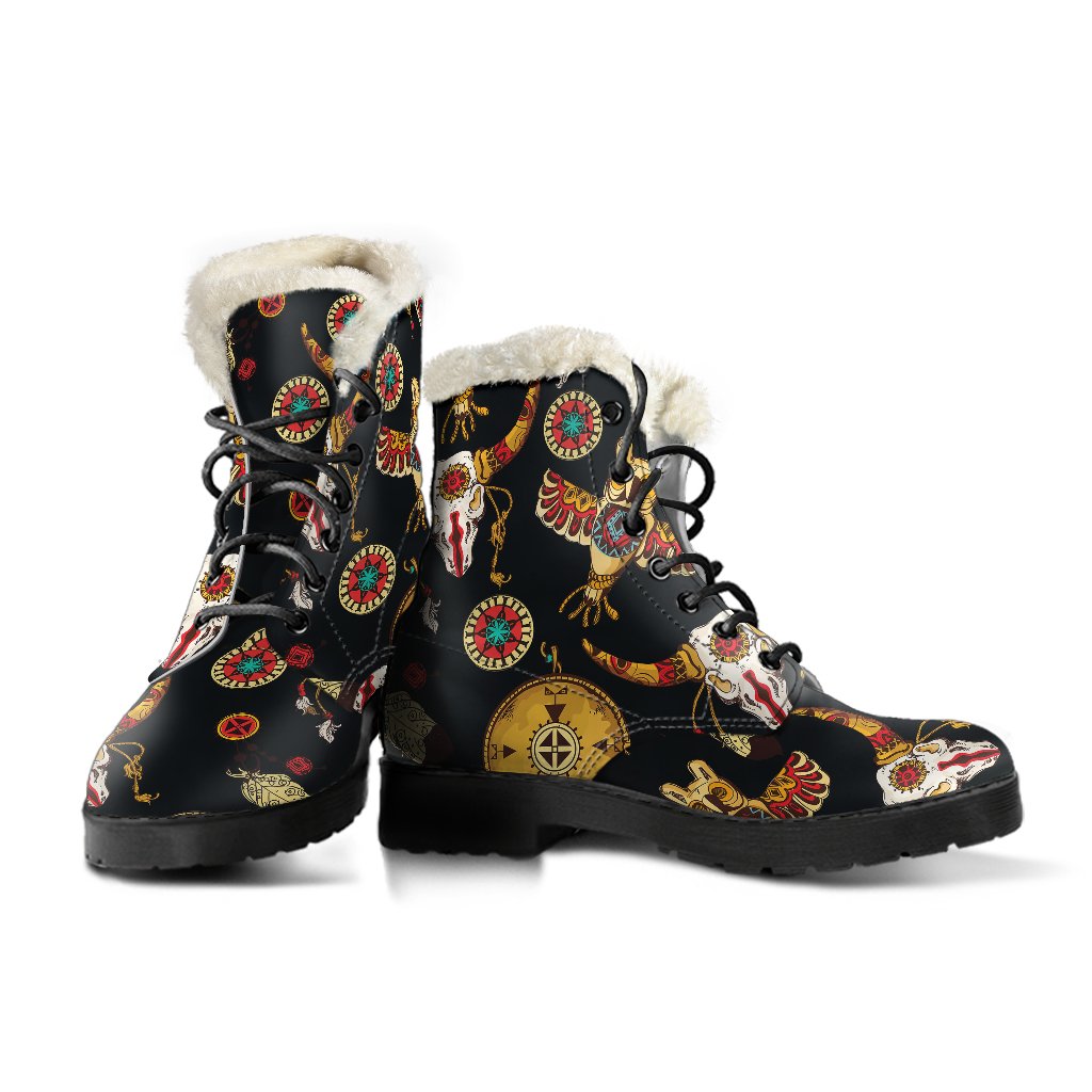 Native American Symbol Pattern Faux Fur Leather Boots