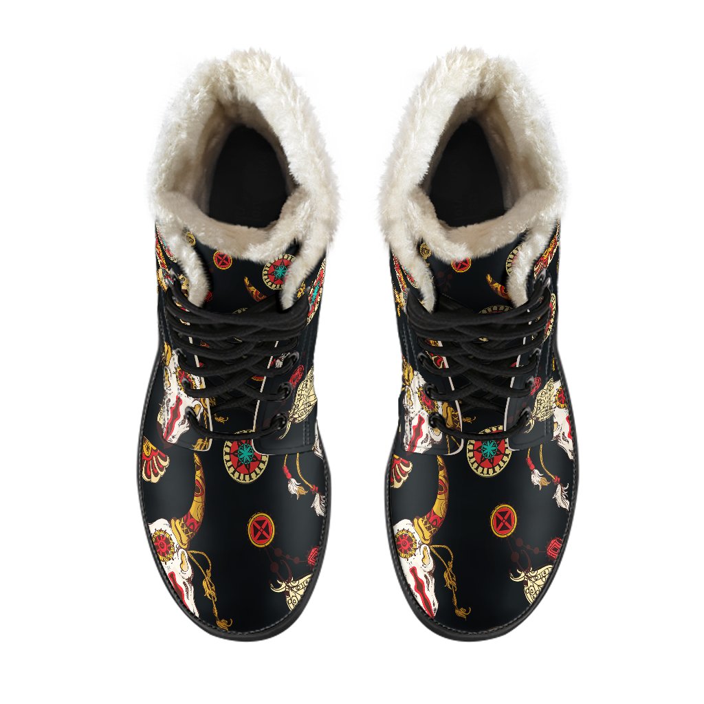 Native American Symbol Pattern Faux Fur Leather Boots
