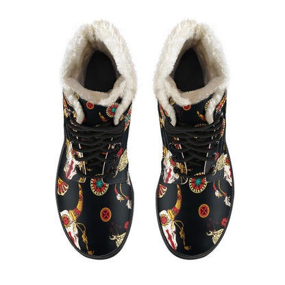 Native American Symbol Pattern Faux Fur Leather Boots