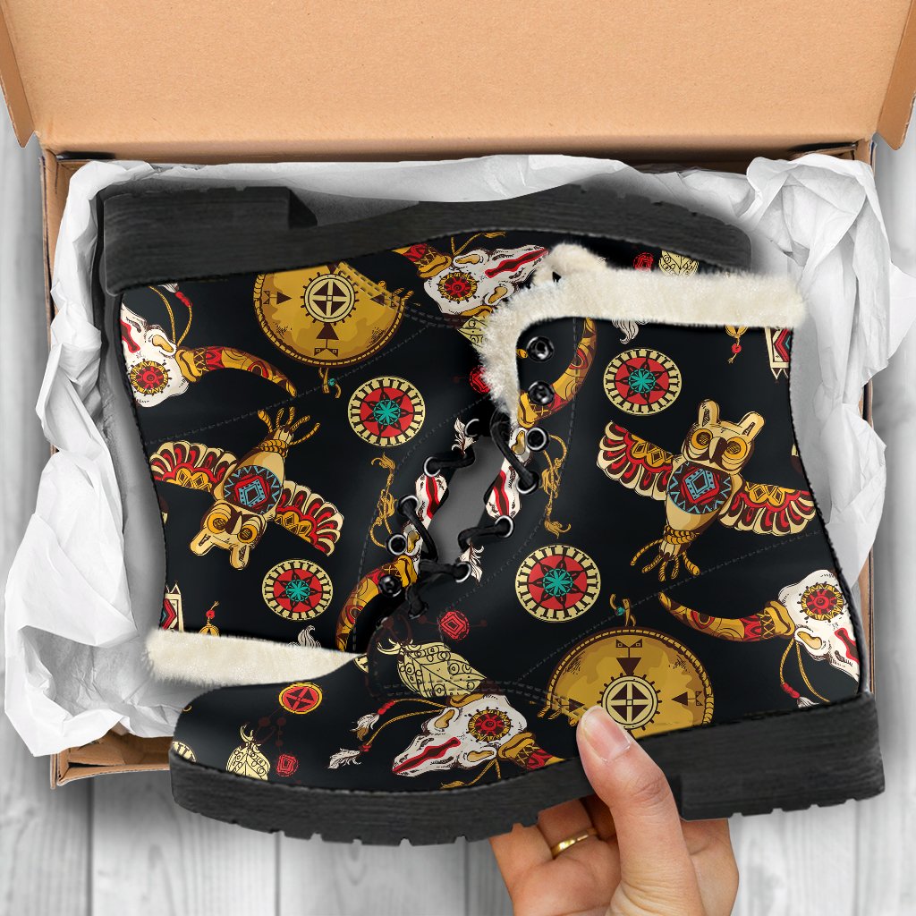 Native American Symbol Pattern Faux Fur Leather Boots