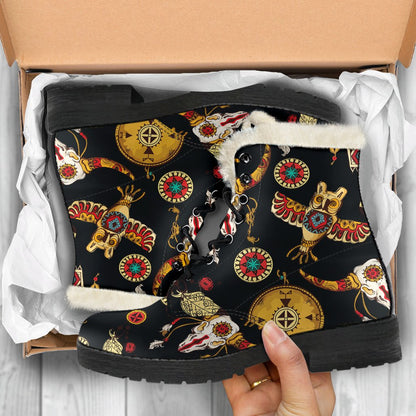 Native American Symbol Pattern Faux Fur Leather Boots