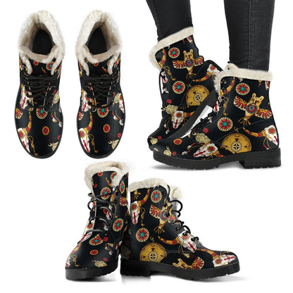 Native American Symbol Pattern Faux Fur Leather Boots