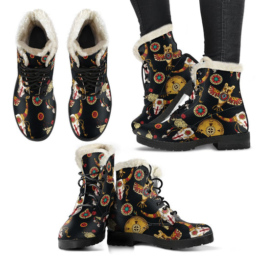 Native American Symbol Pattern Faux Fur Leather Boots