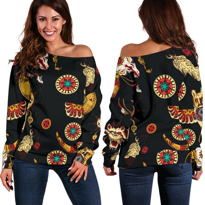 Native American Symbol Pattern Off Shoulder Sweatshirt