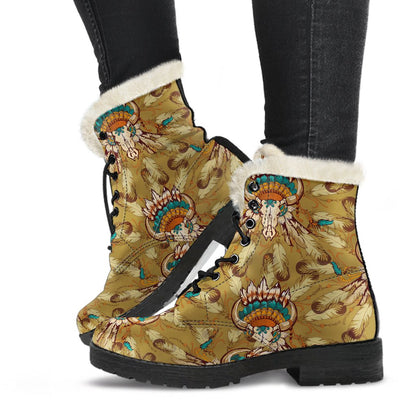 Native Indian Buffalo head Faux Fur Leather Boots