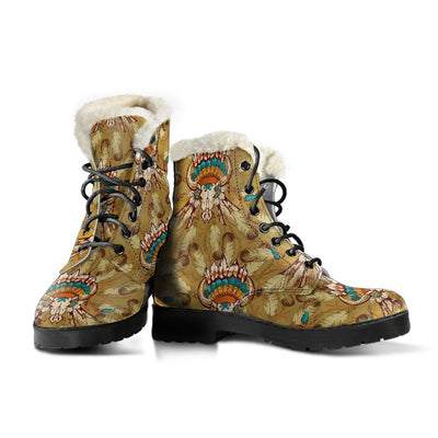 Native Indian Buffalo head Faux Fur Leather Boots