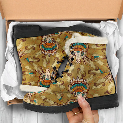 Native Indian Buffalo head Faux Fur Leather Boots