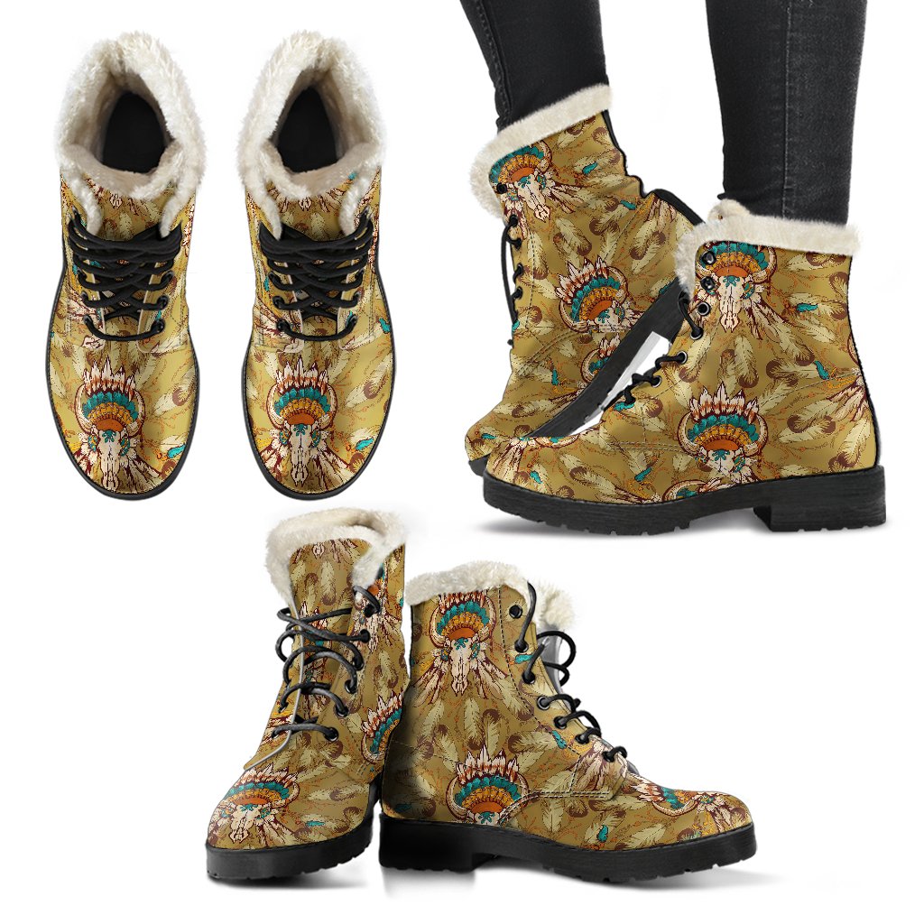 Native Indian Buffalo head Faux Fur Leather Boots