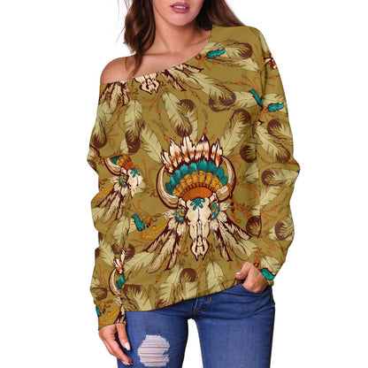 Native Indian Buffalo Head Off Shoulder Sweatshirt