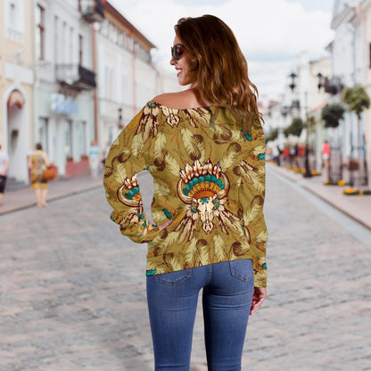 Native Indian Buffalo Head Off Shoulder Sweatshirt